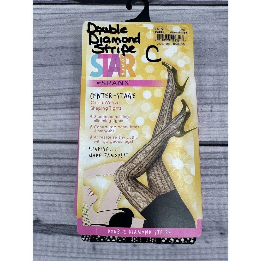 SPANX‎ STAR POWER DOUBLE DIAMOND STRIPE SHAPING TIGHTS Size C  BACKDROP BLACK